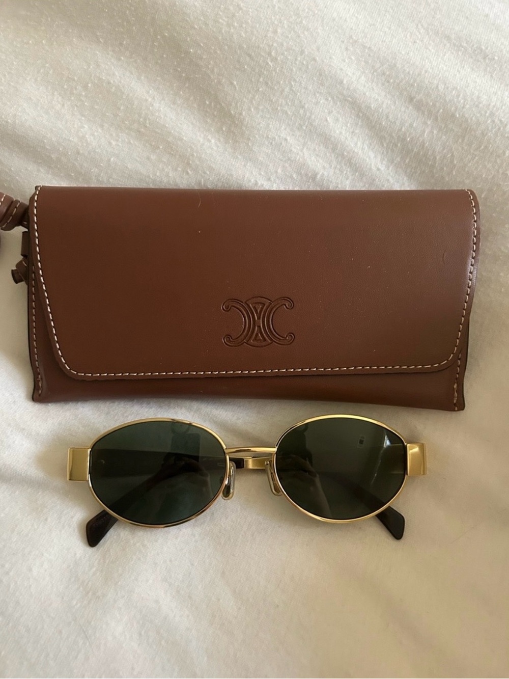 Celine Brown Leather Case with Gold Frame Sunglasses and Dark Green Lenses